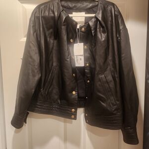 Black Leather Jacket with Gold Buttons